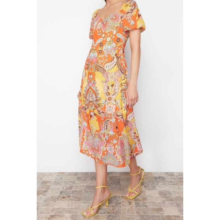 New Regular Casual Daily Moss Crepe Woven Sweetheart Neck Short Sleeve A-Line Midi Length Dress