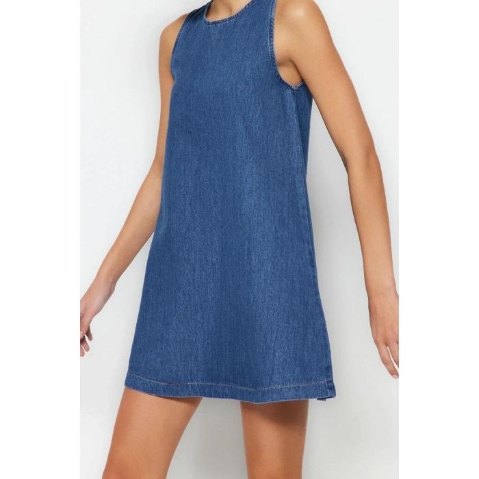 New Comfortable Casual Daily Rigid Denim Crew Neck Sleeveless Sleeve Basic Mini Length Dress