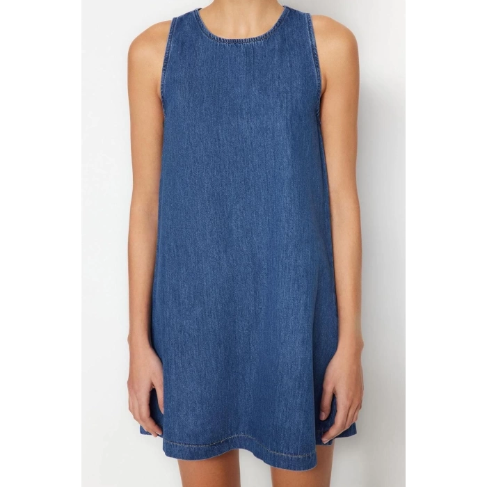 New Comfortable Casual Daily Rigid Denim Crew Neck Sleeveless Sleeve Basic Mini Length Dress