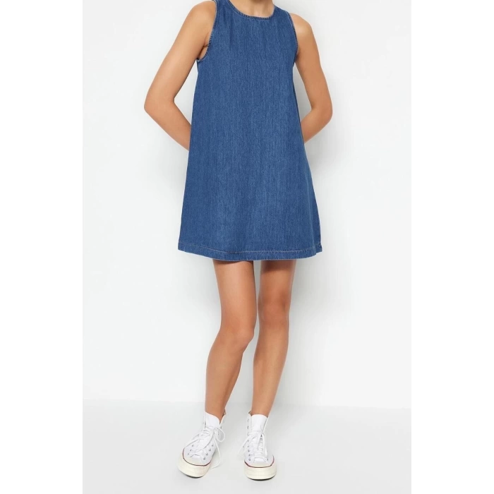 New Comfortable Casual Daily Rigid Denim Crew Neck Sleeveless Sleeve Basic Mini Length Dress