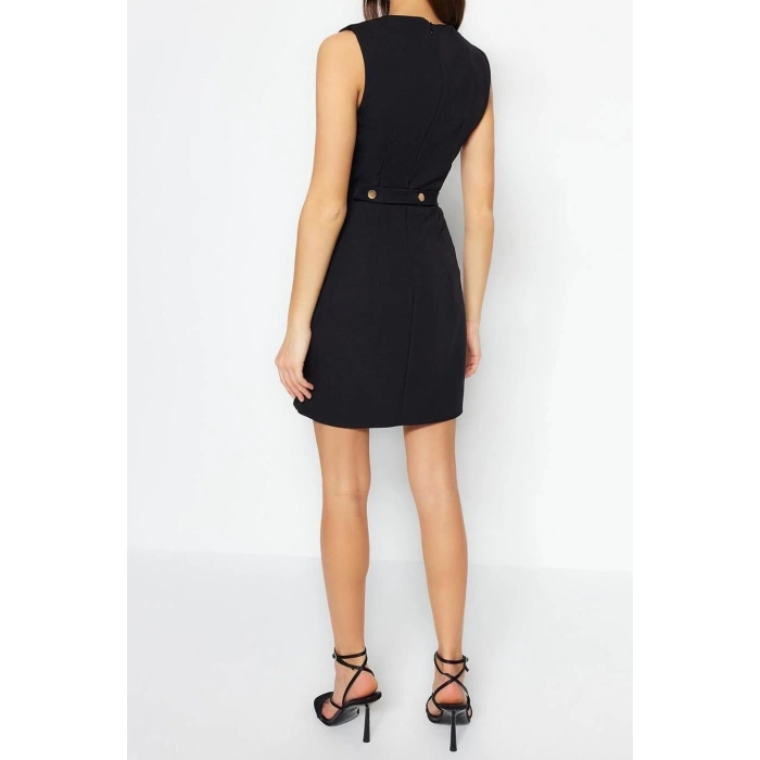 Yeni Regular Business Finike Dokuma Bisiklet Yaka Kolsuz Kol Bodycone Mini Boy Elbise