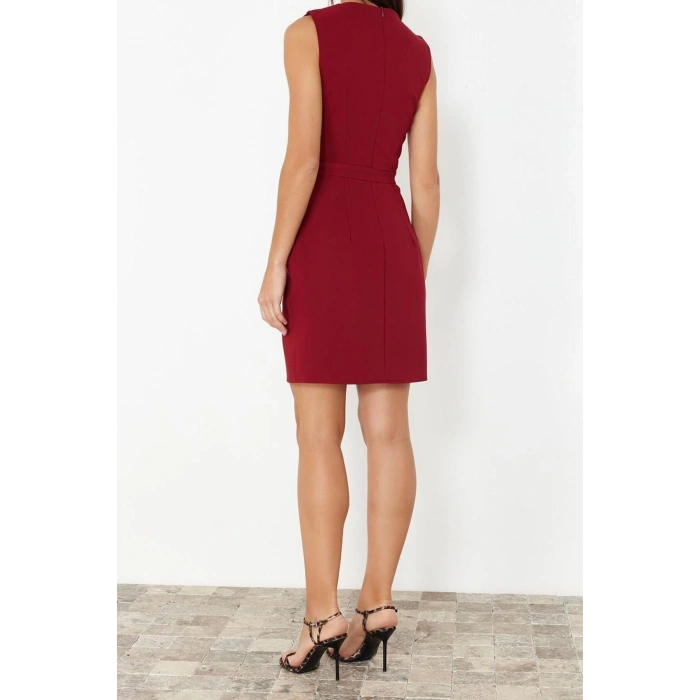 Yeni Regular Business Finike Dokuma Bisiklet Yaka Kolsuz Kol Bodycone Mini Boy Elbise