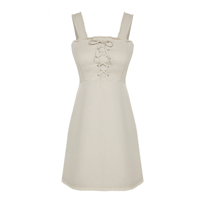 New Regular Day Night Gabardine Woven Square Collar Sleeveless Sleeve A-Line Mini Length Dress
