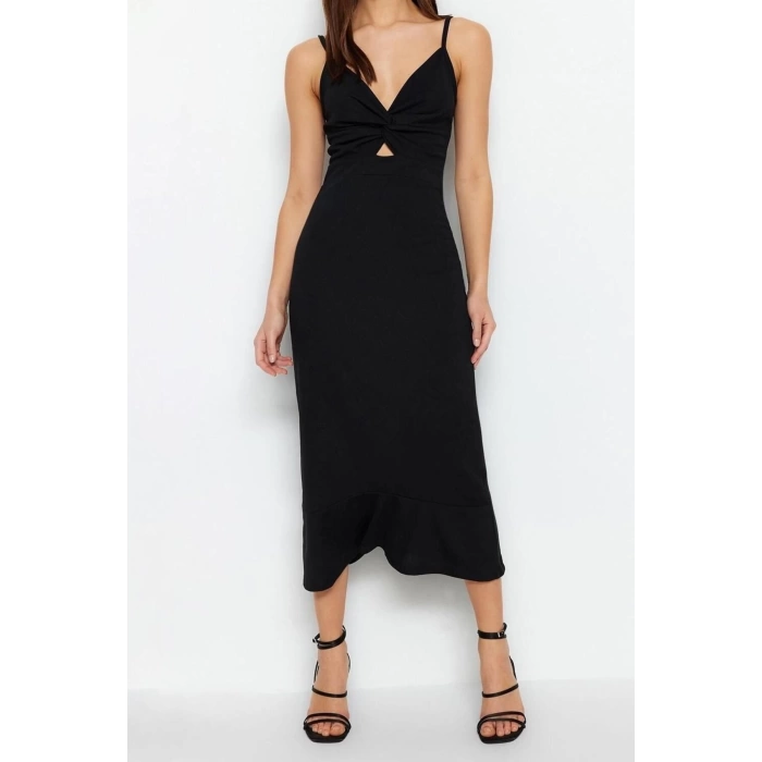 Yeni Slim Gündüz Gece Scuba Krep Örme V Yaka Askılı Kol Eteği Fırfırlı Midi Boy Elbise