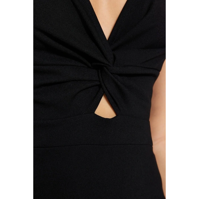 Yeni Slim Gündüz Gece Scuba Krep Örme V Yaka Askılı Kol Eteği Fırfırlı Midi Boy Elbise