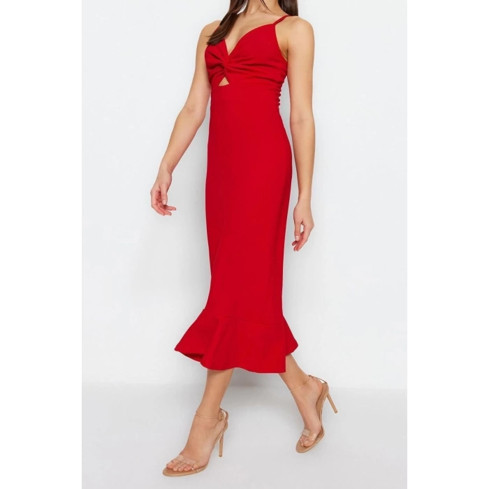 Yeni Slim Gündüz Gece Scuba Krep Örme V Yaka Askılı Kol Eteği Fırfırlı Midi Boy Elbise