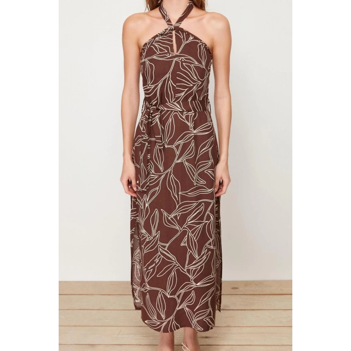 New Regular Day Night Shally Woven Halter Neck Sleeveless A-Line Maxi Dress