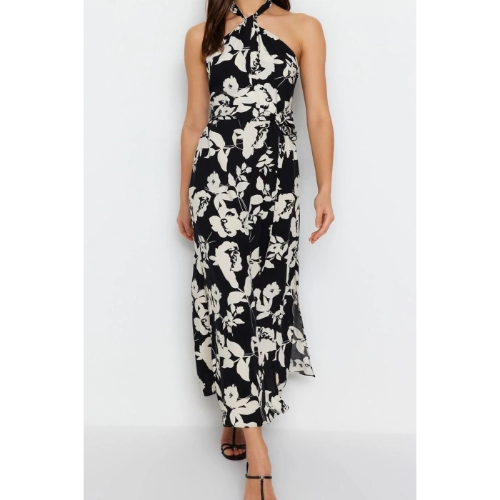 New Regular Day Night Shally Woven Halter Neck Sleeveless A-Line Maxi Dress