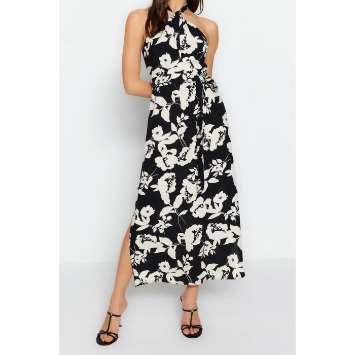 New Regular Day Night Shally Woven Halter Neck Sleeveless A-Line Maxi Dress