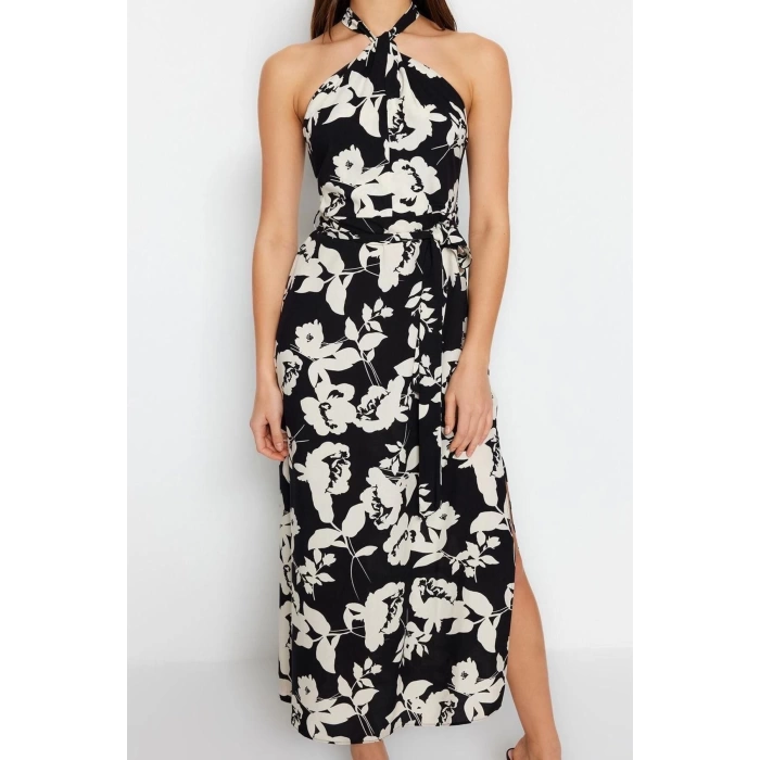 New Regular Day Night Shally Woven Halter Neck Sleeveless A-Line Maxi Dress