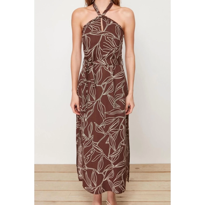 New Regular Day Night Shally Woven Halter Neck Sleeveless A-Line Maxi Dress