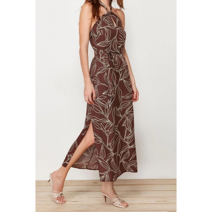 New Regular Day Night Shally Woven Halter Neck Sleeveless A-Line Maxi Dress