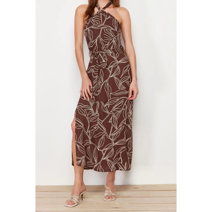 New Regular Day Night Shally Woven Halter Neck Sleeveless A-Line Maxi Dress