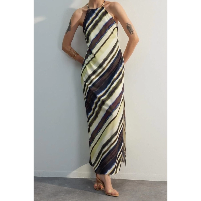 New Casual Day Night Matte Satin Woven Halter Neck Sleeveless Sleeve A-Line Maxi Length Dress