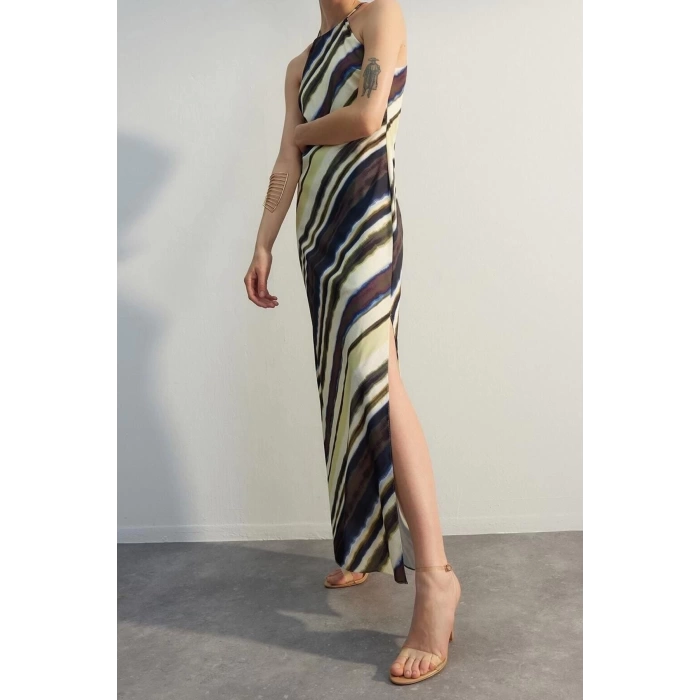 New Casual Day Night Matte Satin Woven Halter Neck Sleeveless Sleeve A-Line Maxi Length Dress