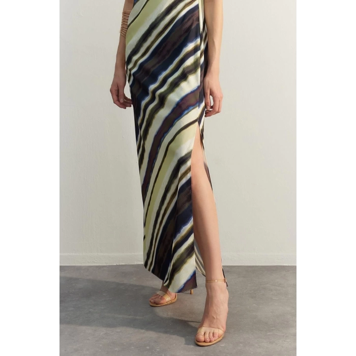 New Casual Day Night Matte Satin Woven Halter Neck Sleeveless Sleeve A-Line Maxi Length Dress