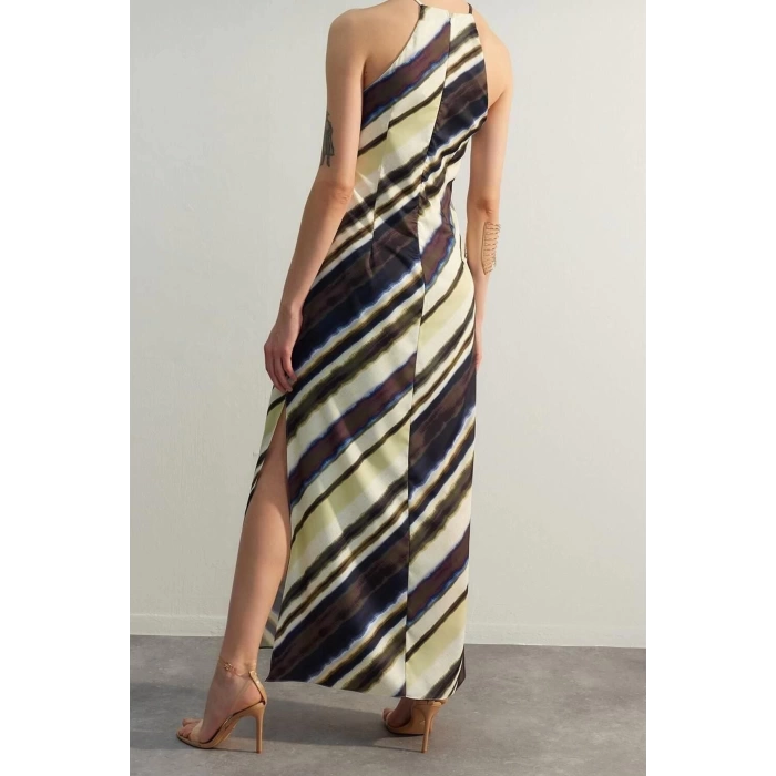New Casual Day Night Matte Satin Woven Halter Neck Sleeveless Sleeve A-Line Maxi Length Dress