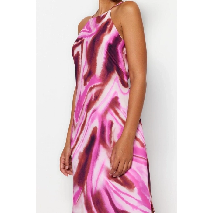 New Casual Day Night Matte Satin Woven Halter Neck Sleeveless Sleeve A-Line Maxi Length Dress