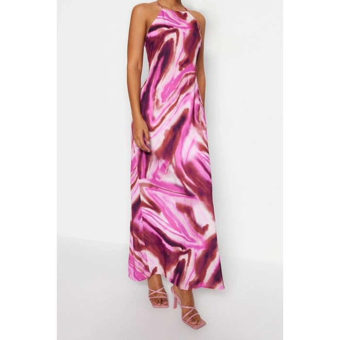New Casual Day Night Matte Satin Woven Halter Neck Sleeveless Sleeve A-Line Maxi Length Dress