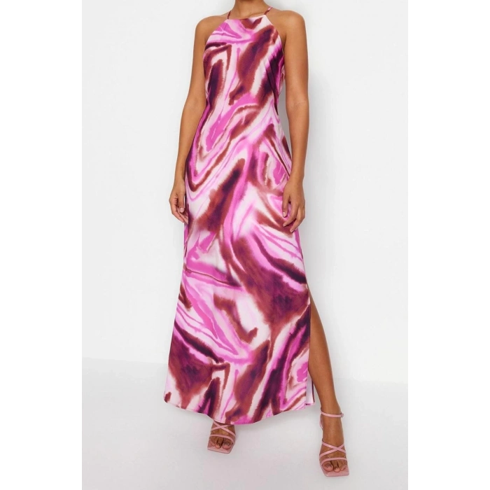 New Casual Day Night Matte Satin Woven Halter Neck Sleeveless Sleeve A-Line Maxi Length Dress