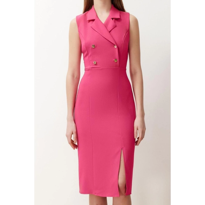 New Regular Day Night Finike Woven Jacket Collar Sleeveless Sleeve Bodycone Midi Length Dress
