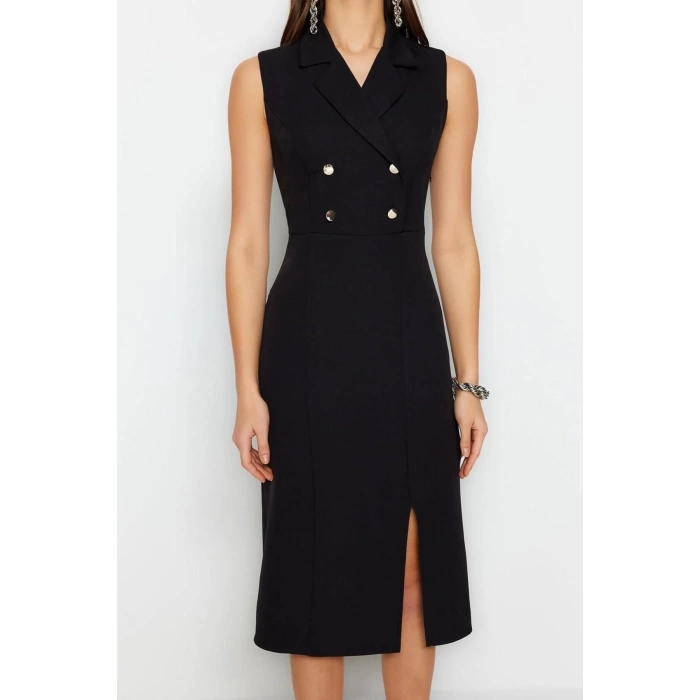 New Regular Day Night Finike Woven Jacket Collar Sleeveless Sleeve Bodycone Midi Length Dress