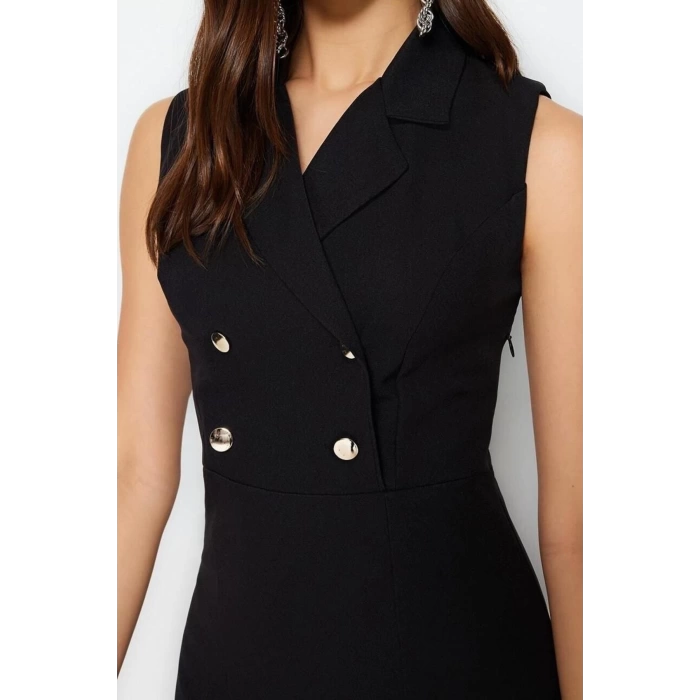 New Regular Day Night Finike Woven Jacket Collar Sleeveless Sleeve Bodycone Midi Length Dress