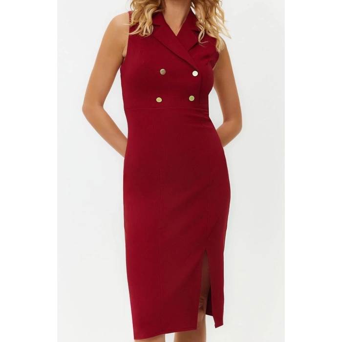 New Regular Day Night Finike Woven Jacket Collar Sleeveless Sleeve Bodycone Midi Length Dress
