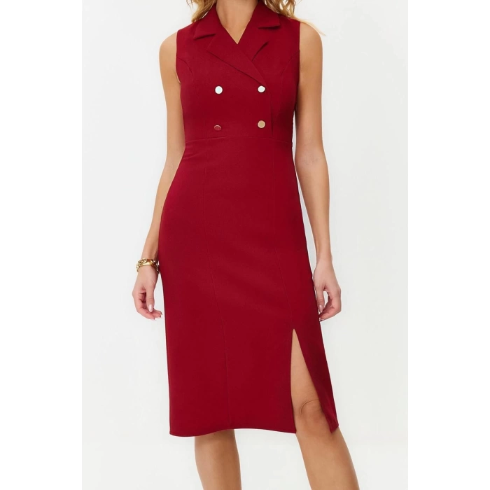 New Regular Day Night Finike Woven Jacket Collar Sleeveless Sleeve Bodycone Midi Length Dress