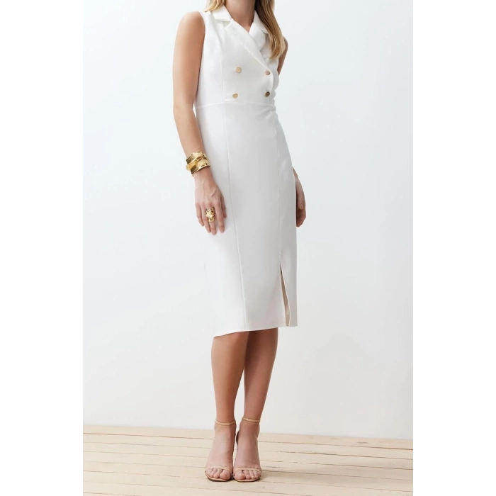 New Regular Day Night Finike Woven Jacket Collar Sleeveless Sleeve Bodycone Midi Length Dress