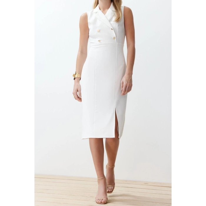 New Regular Day Night Finike Woven Jacket Collar Sleeveless Sleeve Bodycone Midi Length Dress