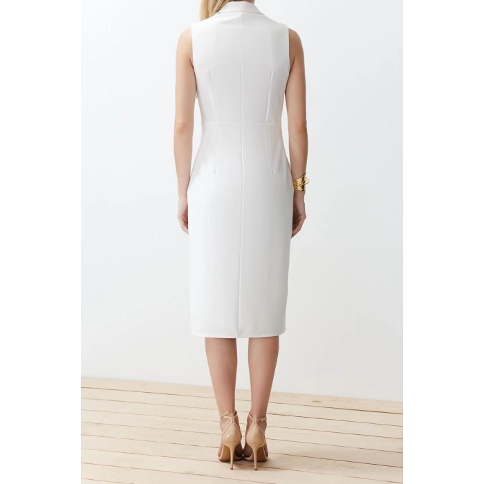 New Regular Day Night Finike Woven Jacket Collar Sleeveless Sleeve Bodycone Midi Length Dress
