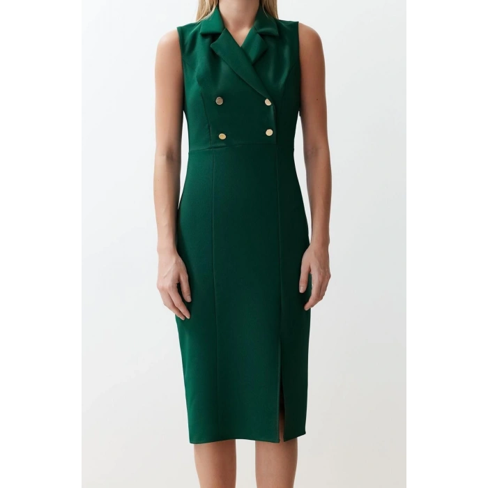 New Regular Day Night Finike Woven Jacket Collar Sleeveless Sleeve Bodycone Midi Length Dress