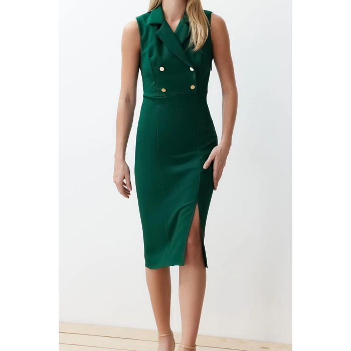 New Regular Day Night Finike Woven Jacket Collar Sleeveless Sleeve Bodycone Midi Length Dress