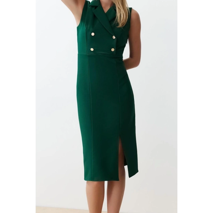 New Regular Day Night Finike Woven Jacket Collar Sleeveless Sleeve Bodycone Midi Length Dress
