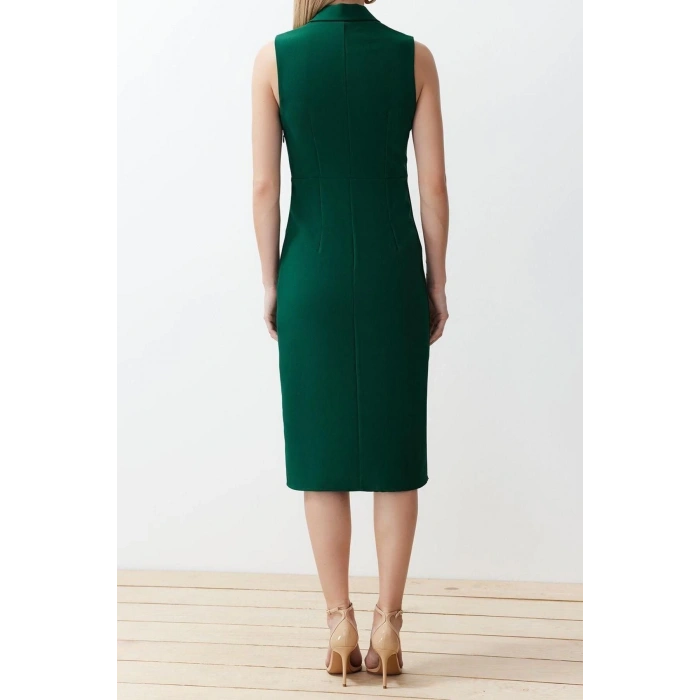New Regular Day Night Finike Woven Jacket Collar Sleeveless Sleeve Bodycone Midi Length Dress