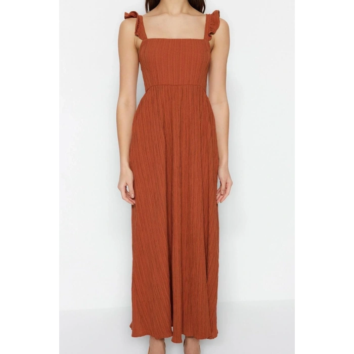 Yeni Regular Casual Günlük Crinkle Dokuma Kare Yaka Askılı Kol Shift Midi Boy Elbise