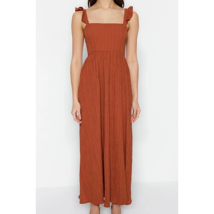 Yeni Regular Casual Günlük Crinkle Dokuma Kare Yaka Askılı Kol Shift Midi Boy Elbise