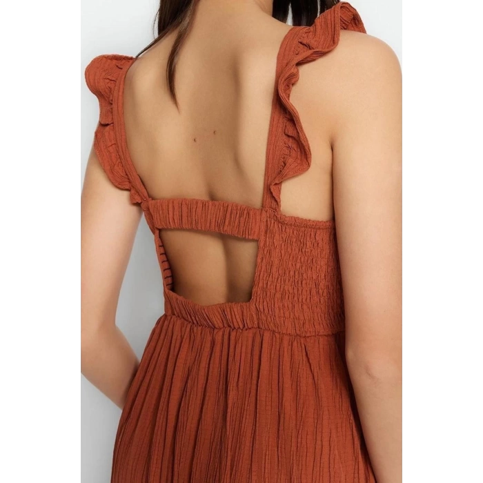 Yeni Regular Casual Günlük Crinkle Dokuma Kare Yaka Askılı Kol Shift Midi Boy Elbise