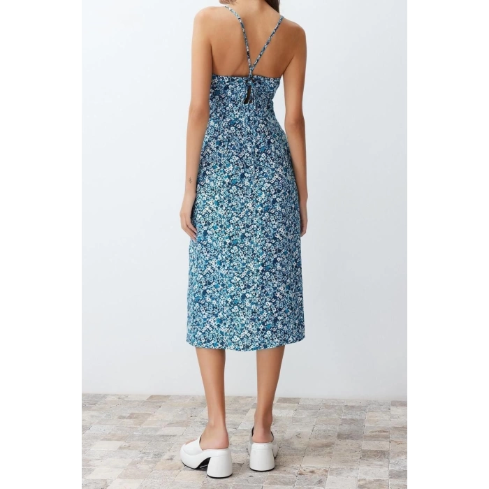 New Regular Casual Daily Shally Woven Square Neck Strappy Sleeve A-Line Midi Length Dress