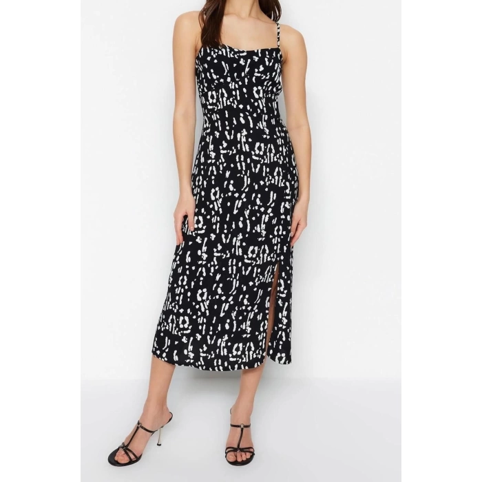 New Regular Casual Daily Shally Woven Square Neck Strappy Sleeve A-Line Midi Length Dress