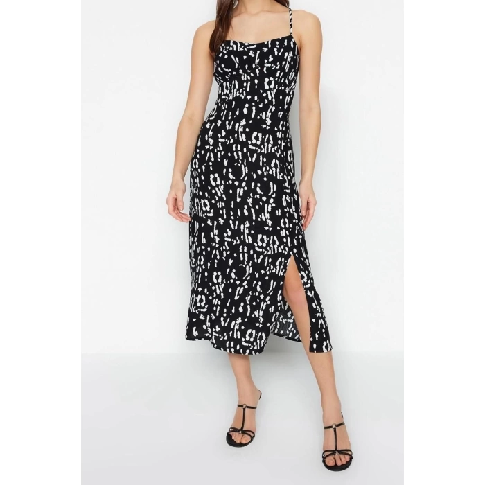 New Regular Casual Daily Shally Woven Square Neck Strappy Sleeve A-Line Midi Length Dress