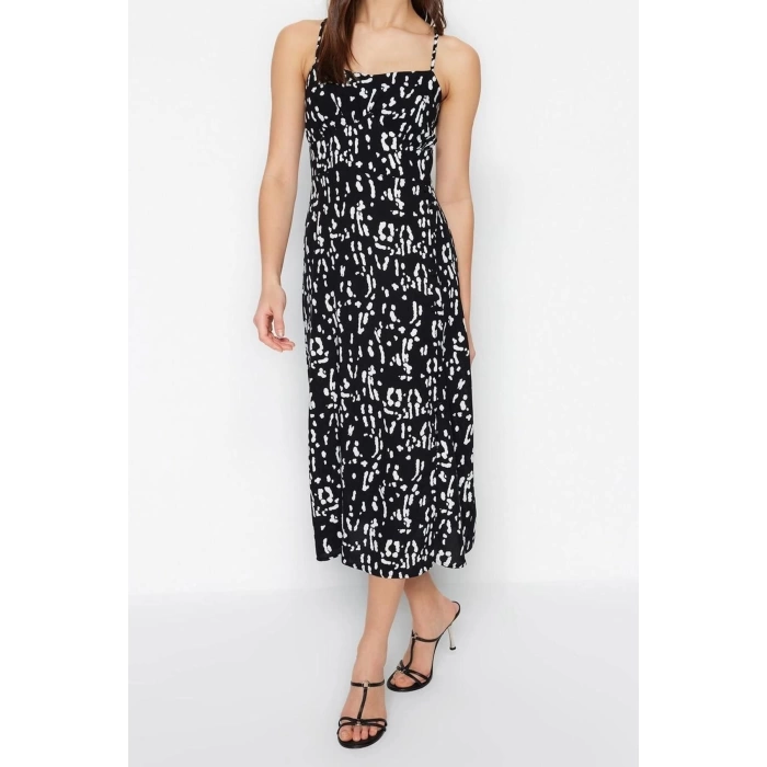 New Regular Casual Daily Shally Woven Square Neck Strappy Sleeve A-Line Midi Length Dress