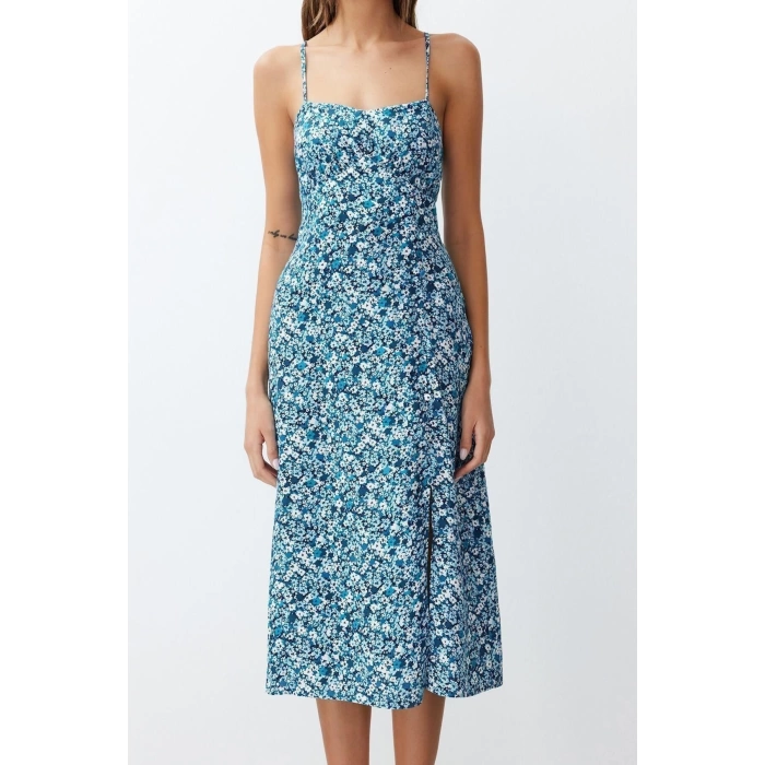 New Regular Casual Daily Shally Woven Square Neck Strappy Sleeve A-Line Midi Length Dress