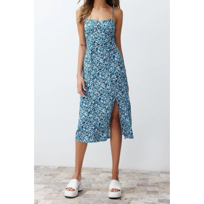 New Regular Casual Daily Shally Woven Square Neck Strappy Sleeve A-Line Midi Length Dress