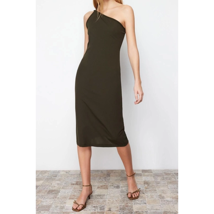 New Regular Day Night Scuba Crepe Knitted Asymmetrical Neck Strappy Sleeve A-Line Midi Length Dress