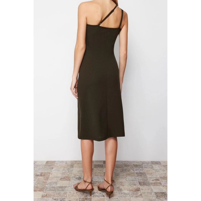 New Regular Day Night Scuba Crepe Knitted Asymmetrical Neck Strappy Sleeve A-Line Midi Length Dress