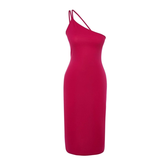 New Regular Day Night Scuba Crepe Knitted Asymmetrical Neck Strappy Sleeve A-Line Midi Length Dress