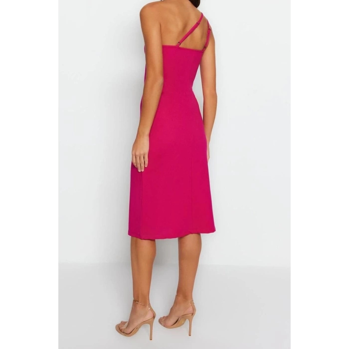 New Regular Day Night Scuba Crepe Knitted Asymmetrical Neck Strappy Sleeve A-Line Midi Length Dress