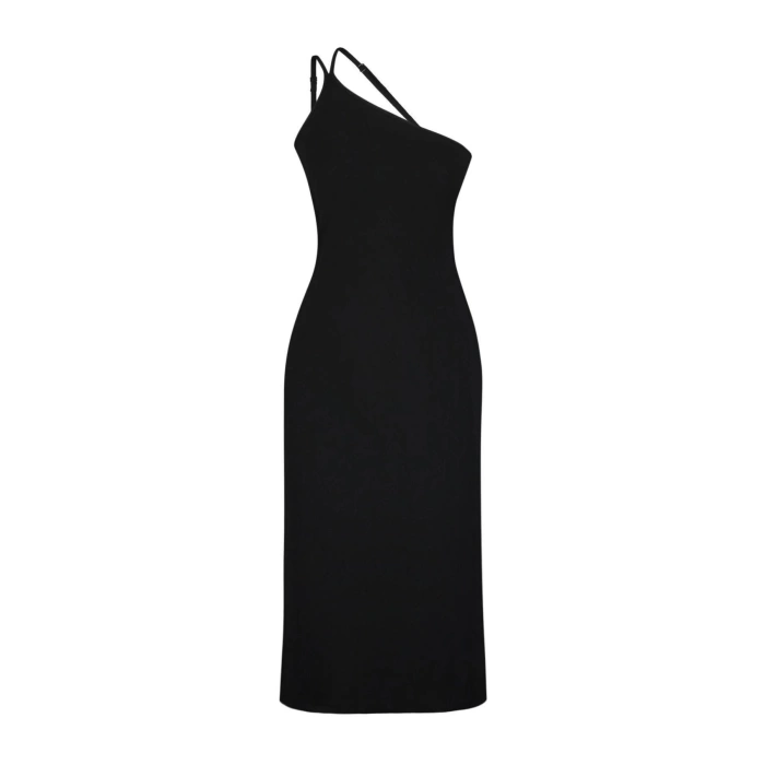 New Regular Day Night Scuba Crepe Knitted Asymmetrical Neck Strappy Sleeve A-Line Midi Length Dress